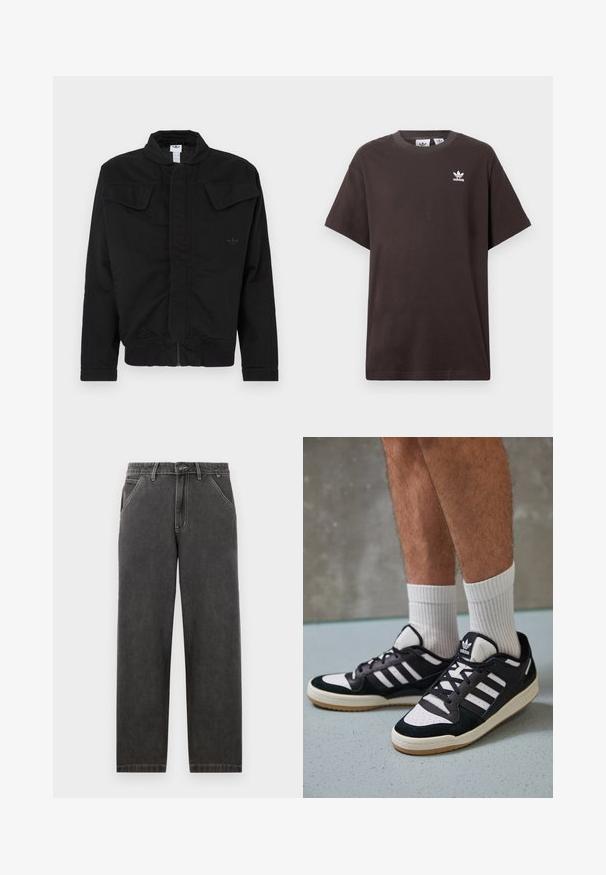 Mustast vastupidavast kangast jakk, millel on kõrge krae, kaks esimest klapiga taskut, soonilised varrukaotsad ja rindkere peal peen brändi logo.; Tumepruun puuvillane T-särk lühikeste varrukatega, ümar kaelus ja valge Adidas logo vasakul rinnal. Lihtne, mugav lõikekujundus.; Tumedashallased teksapüksid, sirge lõikega, kontrastsete valgete õmblustega, nööbiga sulgemisega ja küljetaskutega.; Mustvalged ja valged spordijalatsid, mille pealmine osa on valmistatud suede'ist ja nahast. Kingadel on kolm valget riba, auguline varvas ja kummist tald.