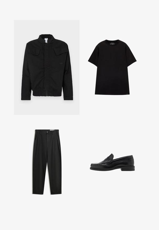 Giacca nera realizzata in tessuto resistente, caratterizzata da un colletto alto, due tasche con pattina frontali, polsini a costine e un logo del marchio discreto sul petto.; PULL&BEAR JOIN LIFE - T-shirt basic - black; Pantaloni in cotone neri con una vestibilità rilassata, dotati di una vita classica, pieghe frontali e tasche laterali. Tessuto liscio senza fantasie.; Mocassini in pelle nera con una finitura liscia, dettagli cuciti sulla punta e un design a tacco basso per comfort e stile.