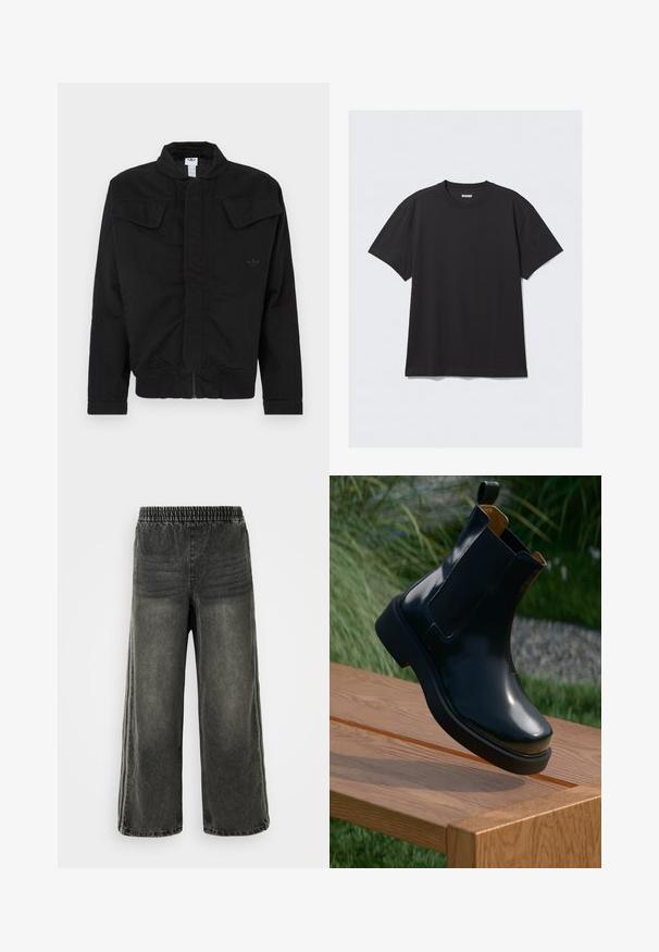 Mustast vastupidavast kangast jakk, millel on kõrge krae, kaks esimest klapiga taskut, soonilised varrukaotsad ja rindkere peal peen brändi logo.; Must sõnumit särk lühikeste varrukate ja puuvillase kangaga. Omab ümarat kaelust ja lõdva istuvust. Lihtne disain, ilma mustrite või aktsentideta.; Mustmust värvi denim püksid elastse vöökoha ja laiade jalgadega, millel on külgedel peened vertikaalsed õmblusdetailid.; Mustast nahast Chelsea saapad sujuva viimistlusega, elastsete külgplaatide, ümarate varvaste ja paksu kummitaldiga, paigutatud puidust pinna kohale.