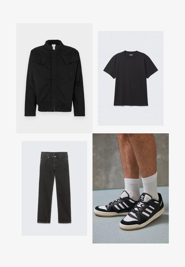 Veste noire en tissu durable, dotée d'un col haut, de deux poches à rabat sur le devant, de poignets côtelés et d'un logo de la marque discret sur la poitrine.; T-shirt noir à manches courtes en coton. Il présente un col rond et une coupe décontractée. Design simple sans motifs ni accents visibles.; Jean droit en denim noir avec un design classique à cinq poches, doté de coutures orange et d'une fermeture à glissière.; Baskets noir et blanc avec une tige en suède et cuir, comportant trois rayures blanches, un bout perforé et une semelle en caoutchouc gum.