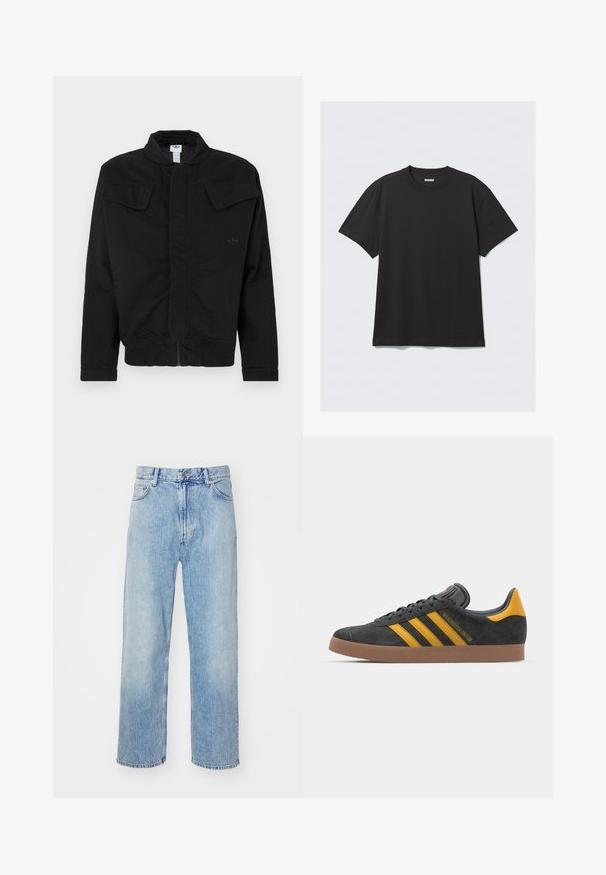 Czarna kurtka wykonana z trwałej tkaniny, z wysokim kołnierzem, dwoma przednimi kieszeniami na klapę, ściągaczami na mankietach oraz subtelnym logo marki na piersi.; Czarna koszulka z krótkim rękawem wykonana z bawełny. Posiada okrągły dekolt i luźny krój. Prosty design, bez widocznych wzorów czy akcentów.; Jasnoniebieskie dżinsy o prostym kroju, z kontrastowymi szwami, pięcioma kieszeniami i klasycznym zapięciem na guzik.; Czarne zamszowe sneakersy z żółtymi akcentami, z trzema paskami i brązową gumową podeszwą. Posiadają wyściełany język dla większego komfortu.