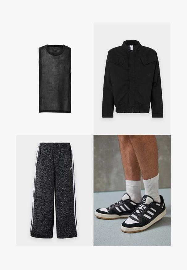Μαύρο σακάκι από ανθεκτικό ύφασμα, με ψηλό γιακά, δύο μπροστινές τσέπες με καπάκι, ριγέ μανσέτες και διακριτικό λογότυπο της μάρκας στο στήθος.; Μαύρο αμάνικο μπλουζάκι από διχτυωτό ύφασμα με σχέδιο πλέγματος, στρογγυλή λαιμόκοψη και ακατέργαστες άκρες. Ελαφρύ και αναπνέον ύφασμα με χαλαρή εφαρμογή.; adidas Originals GRAPHIC UNISEX - Παντελόνι φόρμας - black; Μαύρα και λευκά αθλητικά παπούτσια με άνω μέρος από σουέτ και δέρμα, featuring τρεις λευκές ρίγες, περατά δάχτυλα και σόλα από καουτσούκ τύπου γκαστ.