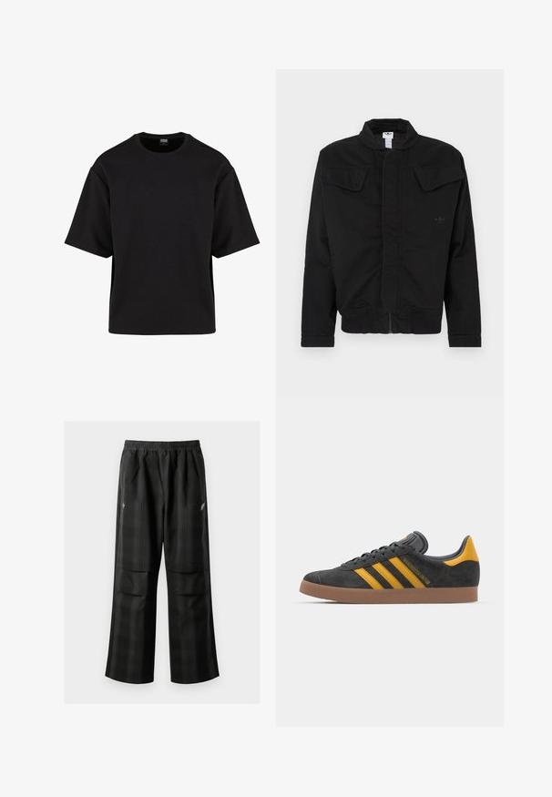 Juoda striukė iš tvirto audinio, turinti aukštą apykaklę, dvi priekinės kišenės su atvartais, ribotus rankogalius ir subtilų prekės ženklo logotipą ant krūtinės.; Urban Classics SCUBA TEE - Paprasti marškinėliai - black; Juodos languotos kelnės su elastingu juosmeniu, dviem priekinėmis kišenėmis ir laisvu tiesiu kirpimu. Pagamintos iš lengvos medžiagos.; Juodas zomšinės sportbačiai su geltonais akcentais, turintys tris juosteles ir rudą gumos padą. Apima paminkštintą liežuvėlį patogumui.