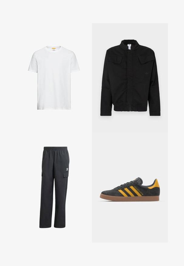 Zwarte jas gemaakt van duurzaam materiaal, met een hoge kraag, twee klepzakken aan de voorkant, geribde manchetten en een subtiel merkembleem op de borst.; Witte katoenen T-shirt met een ronde hals, korte mouwen en een klein logo op de borst. Soepele textuur en klassieke pasvorm.; Zwarte cargobroek met een elastische tailleband, twee zijzakken en een subtiel logo op de linker dij. Gemaakt van een lichtgewicht stof.; Zwarte suède sneakers met gele accenten, voorzien van drie strepen en een bruine rubberen zool. Inclusief een gevoerde tong voor comfort.