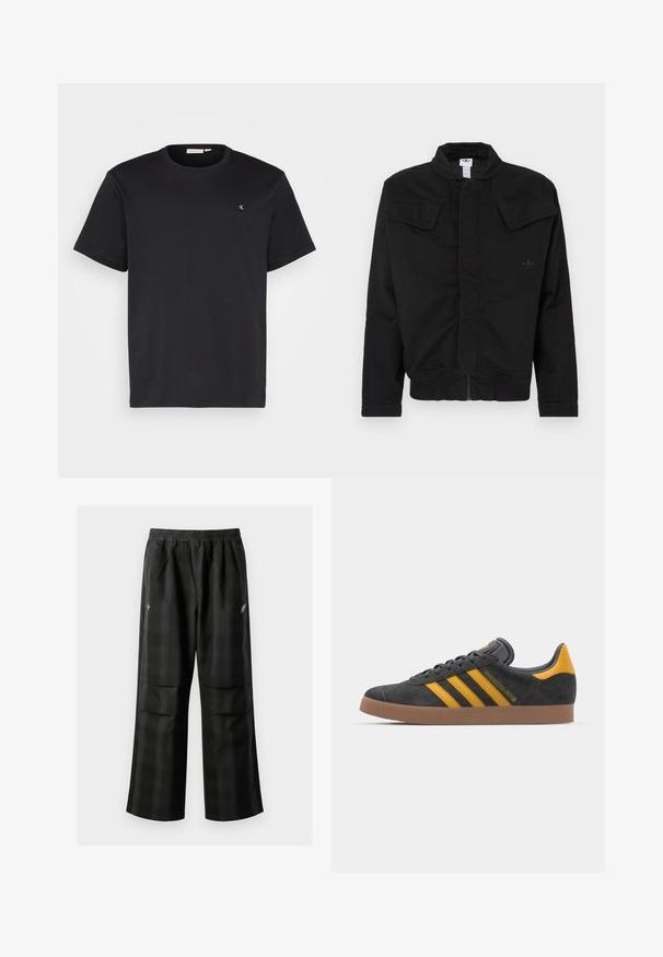 Schwarze Jacke aus strapazierfähigem Stoff mit hohem Kragen, zwei vorderen Pattentaschen, gerippten Bündchen und dezentem Markenlogo auf der Brust.; Calvin Klein Jeans Plus PLUS EMBRO BADGE TEE - T-Shirt basic - black; Schwarze karierte Hosen mit elastischem Bund, zwei Fronttaschen und lockerer Passform im geraden Beinschnitt. Hergestellt aus leichtem Material.; Schwarze Wildledersneaker mit gelben Akzenten, ausgestattet mit drei Streifen und einer braunen Gummisohle. Enthält eine gepolsterte Zunge für zusätzlichen Komfort.