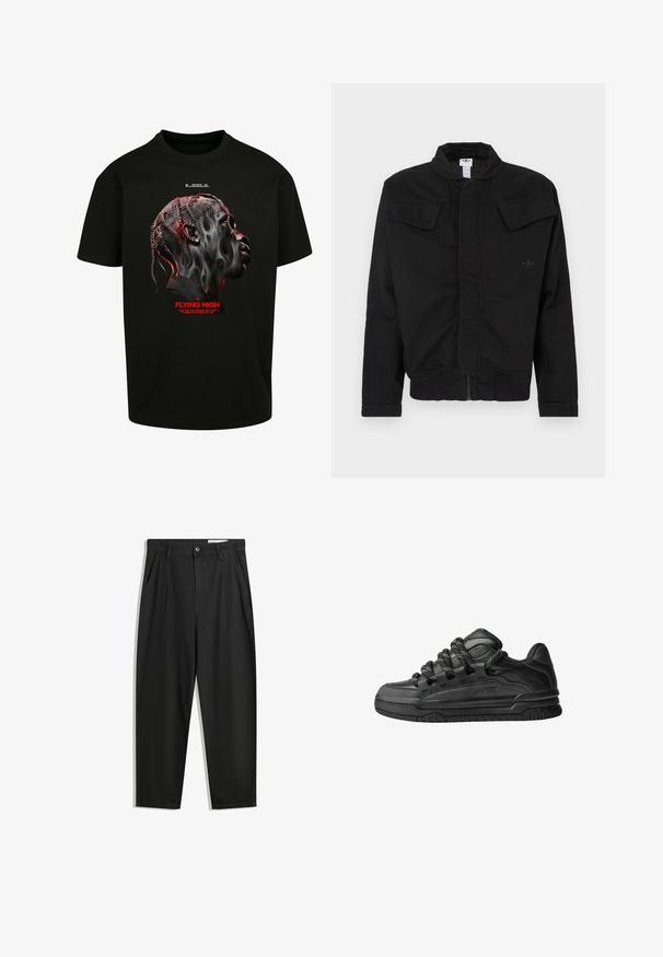 Sort jakke lavet af slidstærkt stof, med høj krave, to forlommer med klap, ribstrikkede manchetter og diskret mærkelogo på brystet.; Sort bomulds T-shirt med et grafik af et stiliseret ansigt i nuancer af grå og rød, med rød tekst der læser "FLYING HIGH" nedenfor.; Sorte bomuldsbukser med en afslappet pasform, der har en klassisk talje, frontfolder og sidelommer. Glat tekstur uden mønstre.; Sorte sneakers med en glat læderoverdel, teksturerede accenter og runde sorte og hvide snørebånd. Tyk gummisål med et mønstret slidbanemønster.