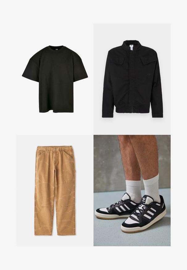 Črna jakna iz trpežnega materiala, z visokim ovratnikom, dvema sprednjima žepoma z zaponkami, rebrastimi manšetami in subtilnim logotipom blagovne znamke na prsih.; Črna oversize majica iz mehkega bombaža. Ima okroglo ovratnico in kratke rokave, z gladko teksturo in minimalističnim dizajnom.; Bež bombažne hlače ohlapnega kroja, ki vsebujejo vidne šivne linije, razpoke in rahlo naguban videz.; Črno-bele superge z zgornjim delom iz usnja in nubuka, ki imajo tri bele črte, perforiran vrh prstov in podplat iz gume.