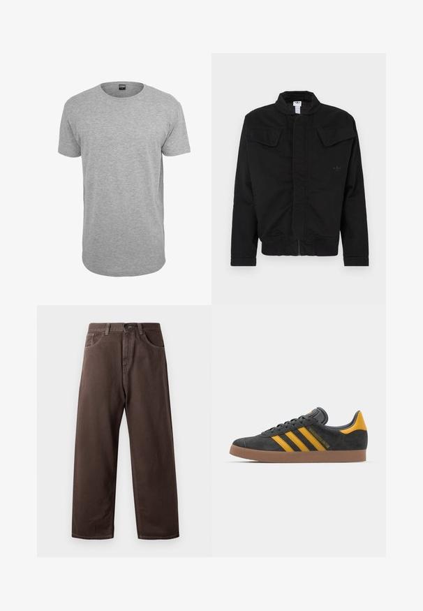 Musta takki kestävästä kankaasta, jossa on korkea kaulus, kaksi etutaskua läpällä, resorit hihansuuissa ja hillitty brändin logo rinnassa.; Harmaa puuvillainen pyöreä kaula-aukko T-paita, jossa lyhyet hihat, suora helma ja pehmeä koostumus; vähäistä brändäystä näkyvissä kaula-aukossa.; Ruske levele hlače širokih nogavica iz bombaža, s klasičnim oblikovanjem petih žepov, zadrgo in vidnimi šivi.; Mustat samettiset tennarit, joissa on keltaisia yksityiskohtia, kolmonen raita ja ruskea kumipohja. Sisältää pehmustetun kielisen mukavuutta varten.