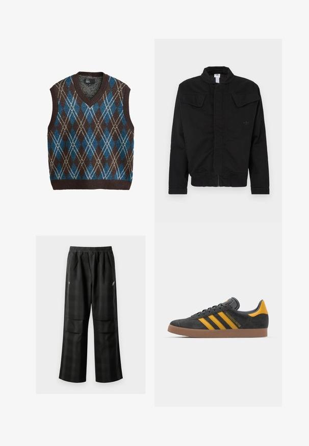 Schwarze Jacke aus strapazierfähigem Stoff mit hohem Kragen, zwei vorderen Pattentaschen, gerippten Bündchen und dezentem Markenlogo auf der Brust.; Ärmellose Weste mit V-Ausschnitt in Braun, Blau und Creme im Rautenmuster. Aus strukturiertem Wollmix mit geripptem Saum und Armöffnungen.; Schwarze karierte Hosen mit elastischem Bund, zwei Fronttaschen und lockerer Passform im geraden Beinschnitt. Hergestellt aus leichtem Material.; Schwarze Wildledersneaker mit gelben Akzenten, ausgestattet mit drei Streifen und einer braunen Gummisohle. Enthält eine gepolsterte Zunge für zusätzlichen Komfort.