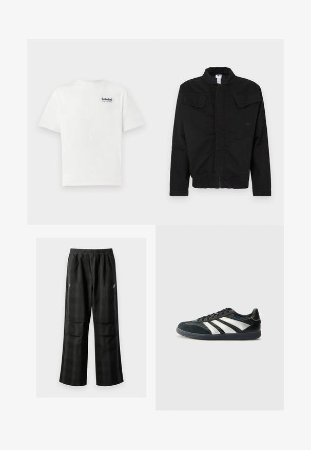 Mustast vastupidavast kangast jakk, millel on kõrge krae, kaks esimest klapiga taskut, soonilised varrukaotsad ja rindkere peal peen brändi logo.; Valge puuvillane T-särk, millel on sinine tikand "Timberland Rugged Active Gear" logo vasakul rinnal. Lühikesed varrukad ja ümmargune kaelus.; Mustas ruudulised püksid, millel on elastne vöökoht, kaks esimest taskut ja laiem lõige sirge jala disainiga. Valmistatud kergest materjalist.; adidas Performance PREDATOR FREESTYLE JUDE INDOOR FOOTBALL SHOES - Saalijalgpalli saapad - core black/silver-coloured/glory blue