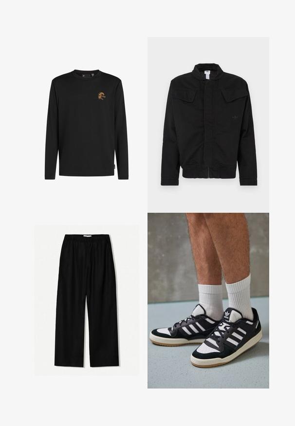 Black jacket made of durable fabric, featuring a high collar, two front flap pockets, ribbed cuffs, and subtle brand logo on the chest.; Long-sleeve black t-shirt made of cotton. Features an orange graphic design on the chest with the text “O’Neill.” Standard crew neckline.; Black linen wide-leg pants with an elastic waistband, featuring side pockets and a smooth texture for comfort and breathability.; Black and white sneakers with a suede and leather upper, featuring three white stripes, a perforated toe, and a gum rubber sole.