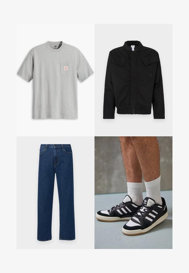 Melnā jaka no izturīga auduma ar augstu apkakli, divām priekšējām kabatām ar atlokiem, ribotiem aprocēm un noslēpumainu zīmola logotipu krūšu daļā.; Pelēka īsām piedurknēm T-kreklis, kas izgatavots no kokvilnas, ar krūšu kabatu un sarkanu etiķeti. Ar apaļu kakla izgriezumu un brīvu piegriezumu.; Tumši zilas taisnas kājas denim bikses ar priekšējām kabatām un pogu aizdari, izvietotas uz vienkārša baltā fona.; Melnas un baltas kedas ar zamša un ādas augšdaļu, kas aprīkotas ar trim baltām svītrām, perforētu purngali un gumijas zolēm.