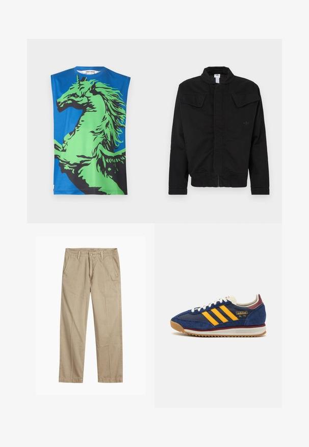 Crna jakna od izdržljivog tkanina, s visokim ovratnikom, dva prednja džepa s preklopom, rebrastim manšetama i suptilnim logotipom brenda na prsima.; Majica bez rukava s plavom pozadinom na kojoj se nalazi veliki zeleni i crni grafički prikaz jednoroga. Izrađena je od glatkog materijala s okruglim izrezom.; Bež chinos hlače ravnog kroja s petljama za remen, prednjim gumbom i zatvaranjem nazip, te kosi prednjim džepovima.; Mornarične nubuk tenisice sa žutim trakama, bijelim čipkama i burgundskim detaljima. Teksturisani đon s utorima za prianjanje. Logo brenda sa strane.