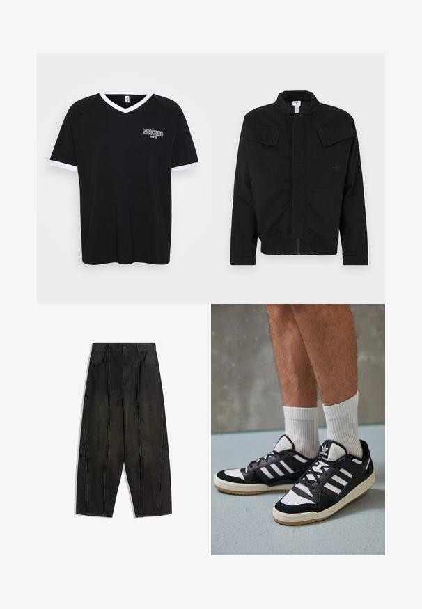 Svart jacka i hållbart tyg med hög krage, två framfickor med lock, ribbade muddar och en diskret varumärkeslogga på bröstet.; Svart t-shirt med V-ringning och vit kant, med en liten logga på vänster bröst. Tillverkad av mjukt tyg med en avslappnad passform.; Svarta vida jeans med synliga sömmar och fransiga kanter, med två framtida fickor och högmidjad design.; Svartvita sneakers med ovandel i mocka och läder, med tre vita ränder, perforerad tå och sula av gummigummi.