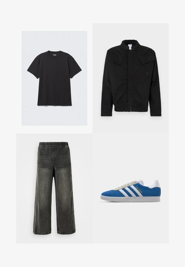 Juoda striukė iš tvirto audinio, turinti aukštą apykaklę, dvi priekinės kišenės su atvartais, ribotus rankogalius ir subtilų prekės ženklo logotipą ant krūtinės.; Juoda trumpa rankovė mis medvilnės marškinėlių. Savybės: apvali iškirptė ir laisvas siluetas. Paprastas dizainas, be raštų ar akcentų.; Juodos skalbimo džinsinės kelnės su elastine juostos ir plačiomis kojomis, su subtiliais vertikaliais siūlų aksesuarais šonuose.; adidas Originals ADIDAS GAZELLE SHOES - Salės futbolo bateliai - real madrid/bluebird/footwear white/crew yellow