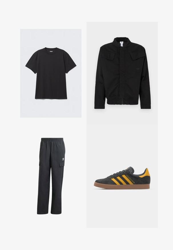 Czarna kurtka wykonana z trwałej tkaniny, z wysokim kołnierzem, dwoma przednimi kieszeniami na klapę, ściągaczami na mankietach oraz subtelnym logo marki na piersi.; Czarna koszulka z krótkim rękawem wykonana z bawełny. Posiada okrągły dekolt i luźny krój. Prosty design, bez widocznych wzorów czy akcentów.; Czarne spodnie cargo z elastycznym paskiem w talii, dwoma bocznymi kieszeniami i subtelnym logo na lewym udzie. Wykonane z lekkiego materiału.; Czarne zamszowe sneakersy z żółtymi akcentami, z trzema paskami i brązową gumową podeszwą. Posiadają wyściełany język dla większego komfortu.