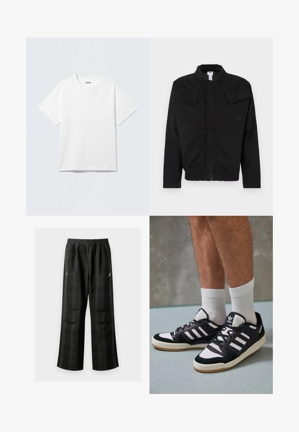 Giacca nera realizzata in tessuto resistente, caratterizzata da un colletto alto, due tasche con pattina frontali, polsini a costine e un logo del marchio discreto sul petto.; T-shirt bianca a maniche corte in cotone, con scollo rotondo e vestibilità comoda. Il tessuto ha una texture liscia e uniforme.; Pantaloni a quadri neri con vita elasticizzata, due tasche frontali e una vestibilità ampia con design a gamba dritta. Realizzati in materiale leggero.; Sneaker bianco e nero con tomaia in suede e pelle, caratterizzati da tre strisce bianche, punta perforata e suola in gomma naturale.
