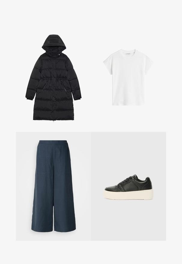 Black puffer coat with a hood, featuring a cinched waist, zippered pockets, and quilted detailing. Smooth, shiny fabric with a matte finish.; White short-sleeve t-shirt made of cotton. Features a relaxed fit with a crew neckline and slightly dropped shoulder seams. No patterns or accents.; Wide-leg trousers in navy blue, made from lightweight fabric. Features a slightly textured surface, elastic waistband, and front seams.; Black leather sneaker with a smooth texture, thick cream-colored sole, round toe, and classic lace-up design. Subtle stitching details.
