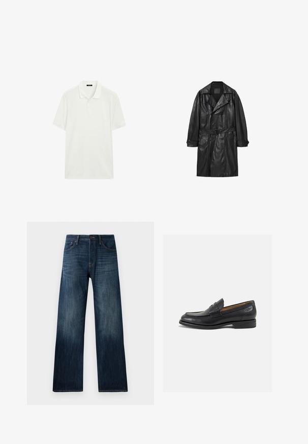 Sort læder trench coat med dobbeltradet design, brede revers, bælte i taljen og knap-lukkede ærmer. Glat tekstur, knælang.; Hvid polo-shirt lavet af polo-stof, med kravehalsudskæring, korte ærmer og lige snit med tre-knaps lukning.; Mørkeblå denimjeans med lige ben, der har en let tekstur, bæltestropper og en klassisk fem-lomme stil.; Sorte læder loafers med en glat finish, rund tå og dekorativ syning på vampen. Lav stablet hæl og let glans.