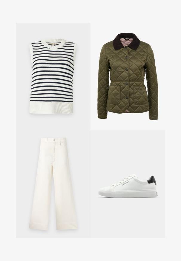 Olive green quilted jacket with a corduroy collar, snap buttons, and two front pockets. Subtle branding on the lower pocket area.; Sleeveless knit top with a round neck, featuring navy and white horizontal stripes, ribbed hem, and smooth texture.; Wide-leg trousers in light beige cotton. Features a high waist, front pockets, and a straight cut. Clean hem finishing without patterns.; White sneaker with a smooth finish, black heel accent, and lace-up design. Features "Calvin Klein" branding on the side. Minimalist style.