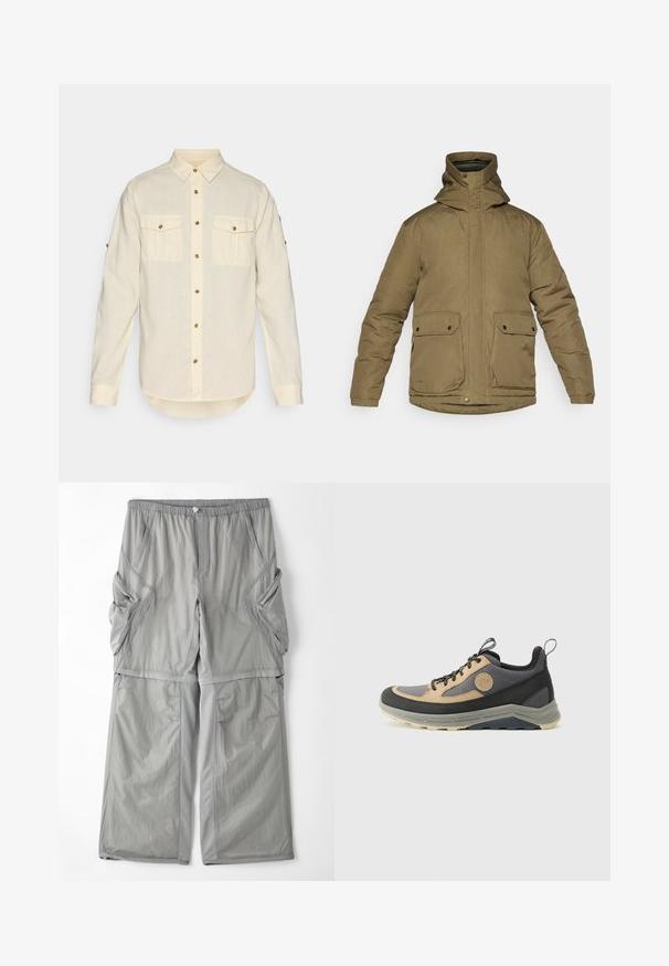 Tamsiai žalia izoliuota parka su aukštu apykakle, kapisonu, dviem priekiniais kišenėmis su atvartais ir elastingomis rankogaliais. Lygus, tekstūruotas audinys su siuvimo detalėmis.; Šviesiai smėlio spalvos ilgas rankovės marškinis, pagamintas iš minkšto audinio, su dviem priekinėmis kišenėmis ir auksinės spalvos mygtukais. Išlenktas apačios dizainas.; Šviesiai pilki, orui pralaidūs audinio kelnių, su elastinga juosmeniu, šoninėmis kišenėmis ir kontrastinga pilka apdaila siūlėse. Laisvas fasonas.; Sportiniai batai su juoda, pilka ir ruda spalvų deriniu, tinkliniu ir zomšiniais paviršiais, tekstūruotu padu bei kilpute ant kulno, skirta lengvam užsidėjimui.