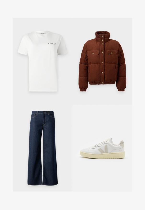 Brun kordfløjl pufferjakke med høj krave, trykknapper, to brystlommer og elastiske manchetter for en tæt pasform.; Hvid bomulds T-shirt med korte ærmer, rund hals, med et lille sort "REPLAY" logo på venstre brystområde. Glat tekstur.; Bredde ben jeans i mørkeblå denim. Har kontrastsyninger, fem lommer og en knaplukning i taljen. Glat tekstur.; Hvide lærreds sneakers med beige ruskindsdetaljer, perforeret tåboks, flade snørebånd og en struktureret cremefarvet sål. Har diskret branding på hælen.