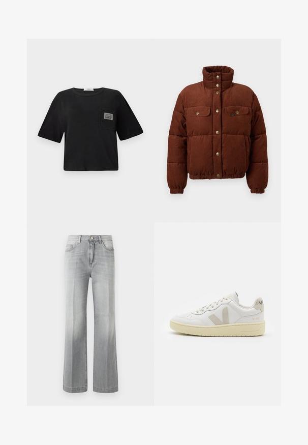 Ruda kordūrinė pūkinė striukė su aukštu apykakle, spaudėmis, dviem krūtinės kišenėmis ir elastiniais rankogaliais, kad būtų patogiai prigludusi.; Juodas trumpas medvilninis marškinėliai, su apvaliu kaklu ir trumpomis rankovėmis. Su kišenėle, ant kurios yra etiketė "REPLAY".; Pilki platūs džinsai, pagaminti iš džinsinio audinio, su išblukusiu įvaizdžiu, priekinių kišenių ir mygtukų užsegimu. Lygus paviršius ir tolygūs siūlės.; Balti odiniai sportbačiai su kreminiais zomšos akcentais, perforuota pirštų dalimi, plokščiomis raišteliais ir struktūruota kreminėmis padomis. Ant kulno yra subtilus ženklinimas.