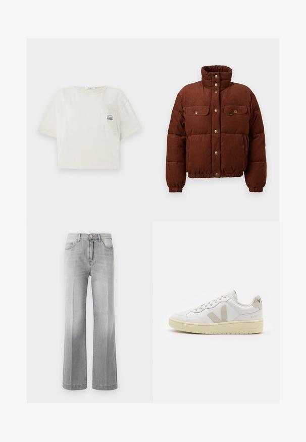 Ruda kordūrinė pūkinė striukė su aukštu apykakle, spaudėmis, dviem krūtinės kišenėmis ir elastiniais rankogaliais, kad būtų patogiai prigludusi.; Trumpas rankovėmis marškinėliai iš kreminio medvilnės. Priekyje yra kišenė su atspausdintu logotipu ir apvali iškirptė. Lygi tekstūra.; Pilki platūs džinsai, pagaminti iš džinsinio audinio, su išblukusiu įvaizdžiu, priekinių kišenių ir mygtukų užsegimu. Lygus paviršius ir tolygūs siūlės.; Balti odiniai sportbačiai su kreminiais zomšos akcentais, perforuota pirštų dalimi, plokščiomis raišteliais ir struktūruota kreminėmis padomis. Ant kulno yra subtilus ženklinimas.