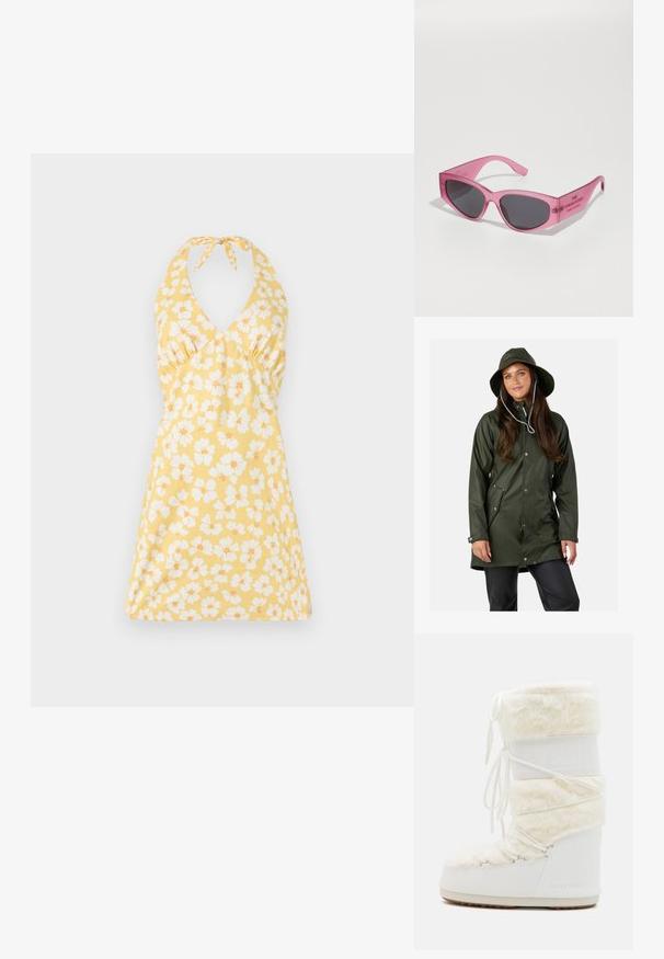 Swedemount VÄDERÖARNA - Regnjacka - olive; Blommig halterneck-klänning i gult med vita och orangea blommor. Har en v-ringning, figurnära bodice och utsvängd kjol. Slät textur.; Rosa leopardmönstrad t-shirt med korta ärmar, med rundad halsringning och kontrasterande rosa muddar, tillverkad av mjukt, stretchigt material.; Vita Moon Boot med övre del i konstfuskpäls, snörning framtill och gummisula. Texturerad yta och präglad logotyp på sidan. Kraftig, vadderad design.; Rosa transparenta solglasögon med en kantig, kattöga-form, mörkt tonade linser och präglad text på stiftet som säger "SOLGLASÖGONEN."; Rosa syntetisk handväska med rundad form, dubbla handtag, avtagbar rem, vita detaljer och en framträdande vit logotyp framtill.