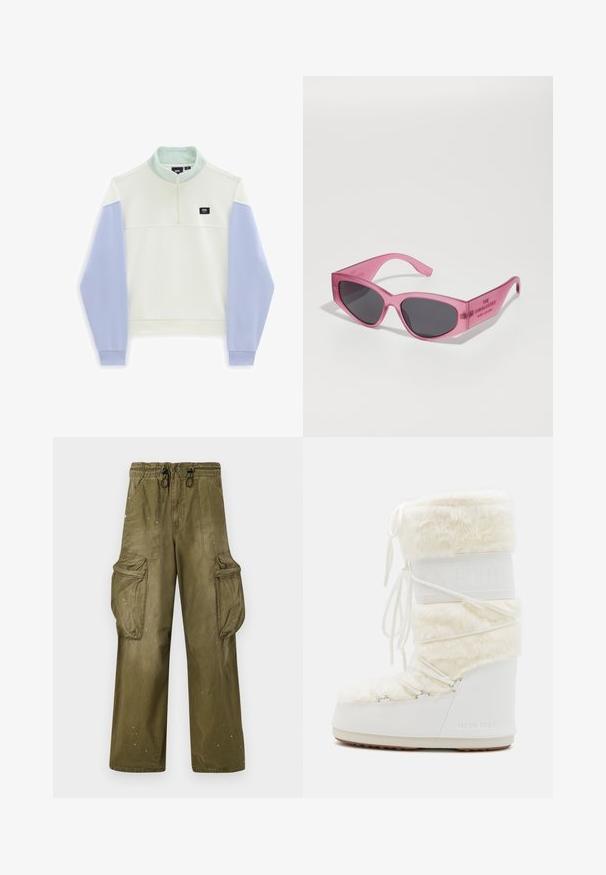 Swedemount VÄDERÖARNA - Regenjacke / wasserabweisende Jacke - olive; Vans HALF MOCK - Sweatshirt - marshmallow-cosmic sky; Olivgrüne Cargo-Hosen mit lässiger Passform, elastischem Bund, Kordelzug, zwei seitlichen Taschen und zwei großen Cargo-Taschen. Leichte Abnutzung.; Weiße Moon Boots mit Kunstfell-Obermaterial, Schnürung vorne und Gummisohle. Strukturiertes Finish und geprägtes Logo an der Seite. Chunky, gepolstertes Design.; Rosa transparente Sonnenbrille mit kantiger, katzenaugenförmiger Form, dunklen getönten Gläsern und geprägtem Text an der Bügel, der "DIE SONNENBRILLE" liest.; Rosa synthetische Handtasche mit runder Form, doppelten Griffen, abnehmbarem Schultergurt, weißen Akzenten und einem auffälligen weißen Logo auf der Vorderseite.