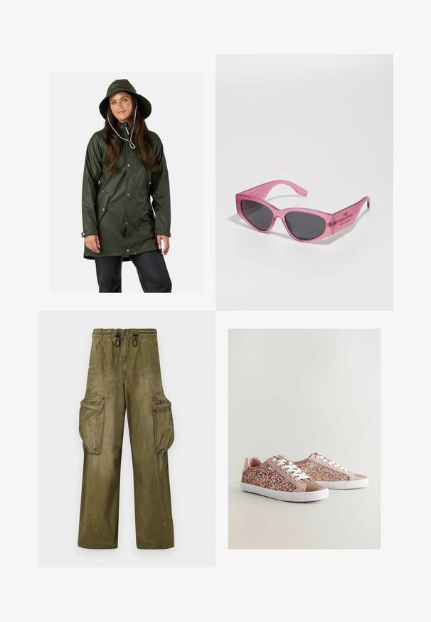 Swedemount VÄDERÖARNA - Regenjas - olive; Roze luipaardprint t-shirt met korte mouwen, voorzien van een ronde halslijn en contrasterende roze manchetten, gemaakt van zachte, rekbare stof.; Olijfgroene cargobroek met een relaxte pasvorm, elastische tailleband, trekkoord, twee zijzakken en twee grote cargozakken. Licht verouderd.; Roze sneakers met een glinsterende roze bovenkant, gladde accenten, witte veters en een witterubberen zool. Heeft suède-achtige texturen en een ronde neus.; Roze transparante zonnebril met een hoekige, kat-oogvorm, donker getinte lenzen en reliëftekst op de veren met de tekst "DE ZONNEBRIL."; Roze synthetische handtas met een ronde vorm, dubbele handgrepen, afneembare schouderriem, witte accenten en een opvallend wit logo aan de voorkant.