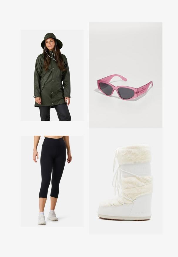 Swedemount VÄDERÖARNA - Impermeabile - olive; T-shirt a manica corta con stampa leopardata rosa, caratterizzato da un colletto rotondo e polsini rosa a contrasto, realizzato in materiale morbido ed elasticizzato.; Leggings atletici neri con vita alta e lunghezza cropped, realizzati in tessuto morbido, abbinati a sneakers bianche e calzini di lunghezza normale.; Stivali Moon Boot bianchi con parte superiore in pelliccia sintetica, chiusura con lacci sul davanti e suola in gomma. Finitura testurizzata e logo impresso sul lato. Design chunky e imbottito.; Occhiali da sole rosa trasparenti con forma angolare a occhio di gatto, lenti scure, e testo embossato sulla tempia che recita "GLI OCCHIALI DA SOLE."; Borsa sintetica rosa con forma arrotondata, doppio manico, tracolla removibile, dettagli bianchi e un logo bianco ben visibile sulla parte frontale.