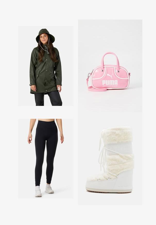 Swedemount VÄDERÖARNA - Regnjakke / vandafvisende jakker - olive; Lyserød leopardmønster t-shirt med korte ærmer, der har en rund halsudskæring og kontrasterende lyserøde manchetter, lavet af blødt, strækbart materiale.; Sorte leggings med høj talje, lavet af et glat, strækbart materiale. Har et tætsiddende design og flade sømme, velegnet til sportstøj.; Hvide Moon Boots med faux fur overdel, snørebånd foran og gummisål. Struktureret overflade og præget logo på siden. Kraftig, polstret design.; Lyserød syntetisk taske med rund form, dobbelte hanke, aftagelig rem, hvide detaljer og et markant hvidt logo på fronten.