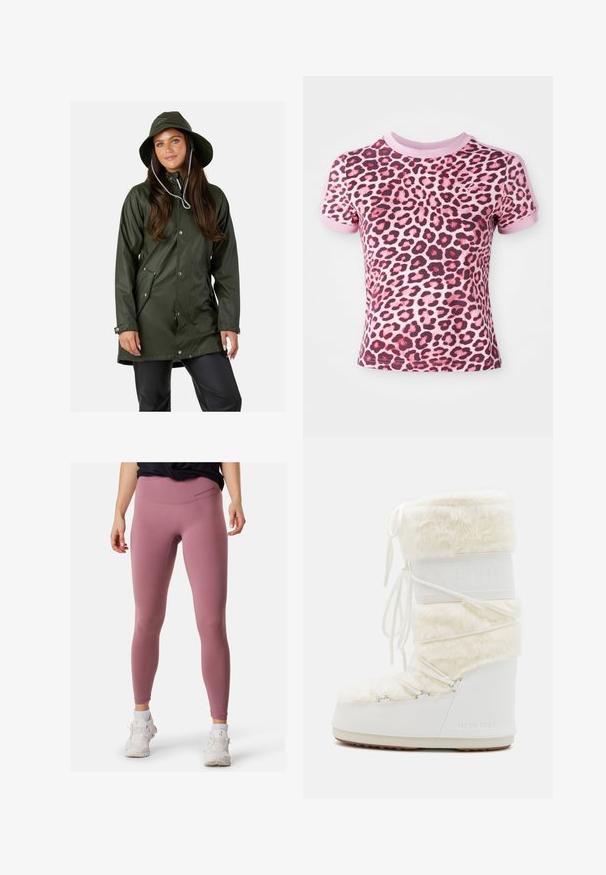 Swedemount VÄDERÖARNA - Waterproof jacket - olive; Pink leopard print t-shirt with short sleeves, featuring a rounded neckline and contrasting pink cuffs, made from soft, stretchy material.; Pink athletic leggings with a high waist, smooth texture, and minimal stitching details. Paired with white sneakers for contrast.; White Moon Boot with faux fur upper, lace-up front, and rubber sole. Textured finish and embossed logo on side. Chunky, padded design.