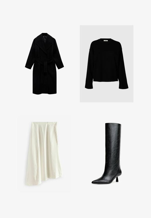 Cappotto di lana nero con colletto a punte, vita con cintura e design di lunghezza media. Presenta maniche lunghe e una texture liscia.; Maglione nero dal taglio morbido, con maniche lunghe, scollatura rotonda e polsini a costine, realizzato in un tessuto morbido e texturizzato.; T-shirt bianco semplice realizzato in cotone, con scollatura rotonda, maniche corte e vestibilità morbida. Texture liscia senza motivi o accenti.; Gonna bianca a righe sottili realizzata in tessuto leggero, con linee verticali di colore contrastante, dal design ad A fluente.; Stivale nero al ginocchio realizzato in pelle testurizzata. Caratterizzato da una punta affilata e un tacco piccolo e svasato. Design elegante e liscia con accentuazioni minime.