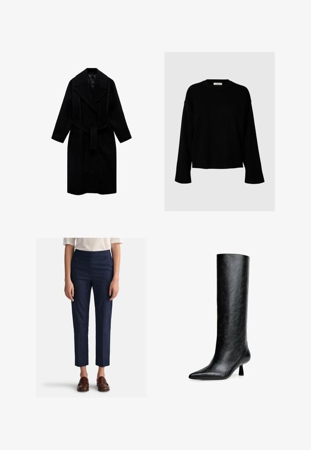 Czarny wełniany płaszcz z klapami, paskiem w talii i średniej długości krojem. Posiada długie rękawy oraz gładką teksturę.; Czarny sweter o luźnym kroju, z długimi rękawami, okrągłym dekoltem i ściągaczami, wykonany z miękkiego, teksturowanego materiału.; Prosta, biała koszulka wykonana z bawełny, z okrągłym dekoltem, krótkimi rękawami i luźnym krojem. Gładka faktura, bez wzorów czy akcentów.; Granatowe spodnie o prostym kroju, wykonane z gładkiego materiału, z płaskim przodem i bocznymi kieszeniami. W połączeniu z brązowymi mokasynami.; Czarne, wysokie botki do kolan wykonane z fakturowanej skóry. Mają spiczasty nosek i mały, rozszerzający się obcas. Elegancki, gładki design z minimalnymi akcentami.