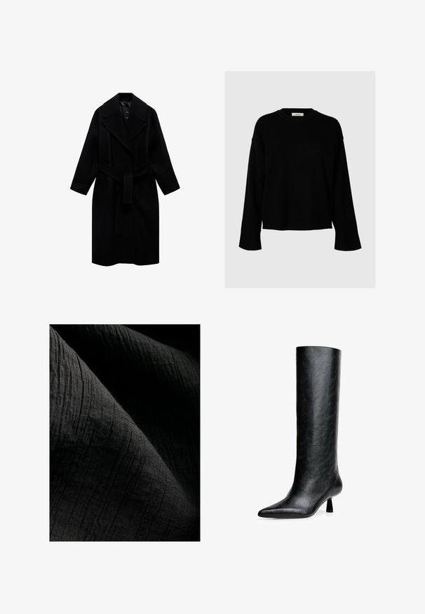 Cappotto di lana nero con colletto a punte, vita con cintura e design di lunghezza media. Presenta maniche lunghe e una texture liscia.; Maglione nero dal taglio morbido, con maniche lunghe, scollatura rotonda e polsini a costine, realizzato in un tessuto morbido e texturizzato.; T-shirt bianco semplice realizzato in cotone, con scollatura rotonda, maniche corte e vestibilità morbida. Texture liscia senza motivi o accenti.; Tessuto nero testurizzato con un sottile motivo a righe, leggermente riflettente, che scorre in pieghe che ne esaltano la profondità e la qualità tattile.; Stivale nero al ginocchio realizzato in pelle testurizzata. Caratterizzato da una punta affilata e un tacco piccolo e svasato. Design elegante e liscia con accentuazioni minime.