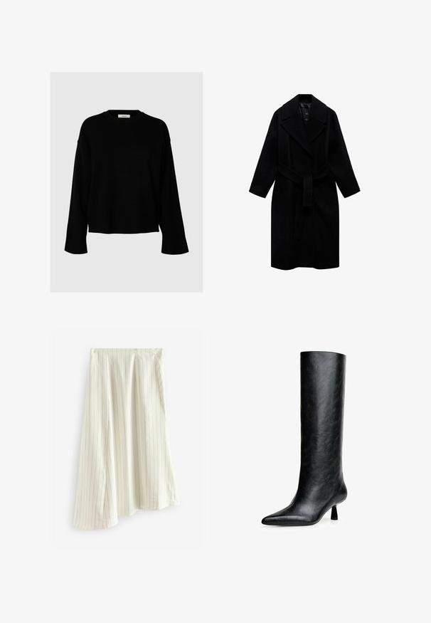 Schwarzer Wollmantel mit Reverskragen, tailliertem Schnitt und mittellanger Passform. Verfügt über lange Ärmel und eine glatte Textur.; Schwarzer Pullover mit lockerer Passform, langen Ärmeln, rundem Halsausschnitt und gerippten Bündchen, gefertigt aus weichem, strukturiertem Stoff.; Ein schlichtes, weißes T-Shirt aus Baumwolle mit rundem Halsausschnitt, kurzen Ärmeln und lockerer Passform. Glatte Textur ohne Muster oder Akzente.; Weißer Rock mit Nadelstreifen, aus leichtem Stoff gefertigt, mit vertikalen Linien in einer kontrastierenden Farbe und einem fließenden A-Linien-Design.; Schwarze kniehohe Stiefel aus strukturiertem Leder. Mit spitzem Zeh und kleinem, ausgestellt Absatz. Schlankes, glattes Design mit minimalen Akzenten.