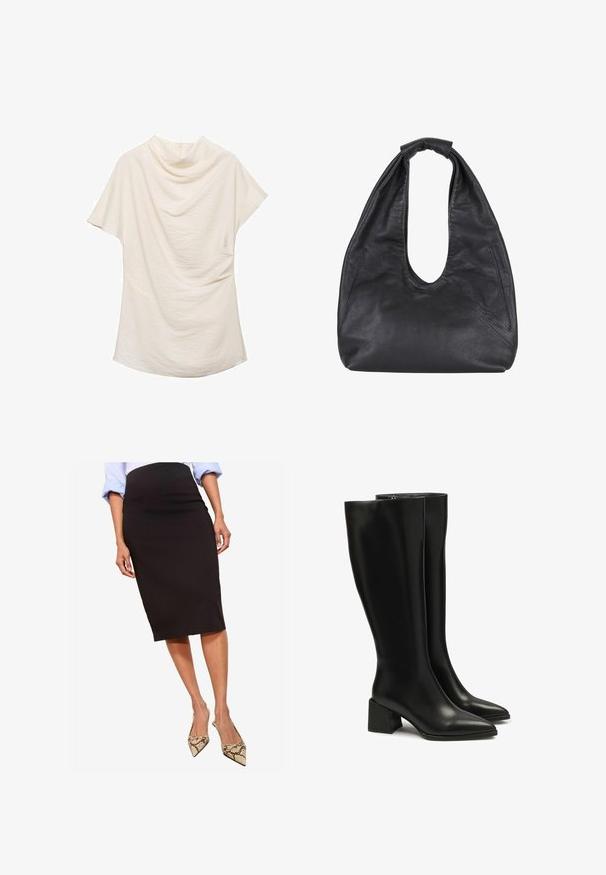 Black wool coat with a notched collar, belted waist, and mid-length design. Features long sleeves and a smooth texture.; Cream-colored short-sleeve top with a draped neckline, featuring textured fabric and a loose fit, ideal for casual or layered outfits.; Black pencil skirt made of smooth fabric, mid-calf length, paired with pointed-toe snakeskin heels, featuring a sleek silhouette.; Black knee-high leather boots with a pointed toe and chunky block heel. Smooth texture, minimal stitching, and a simple zip closure detail.; Black leather hobo bag with a slouchy shape, large cut-out opening, and two side pockets. Soft texture and knotted strap detail.
