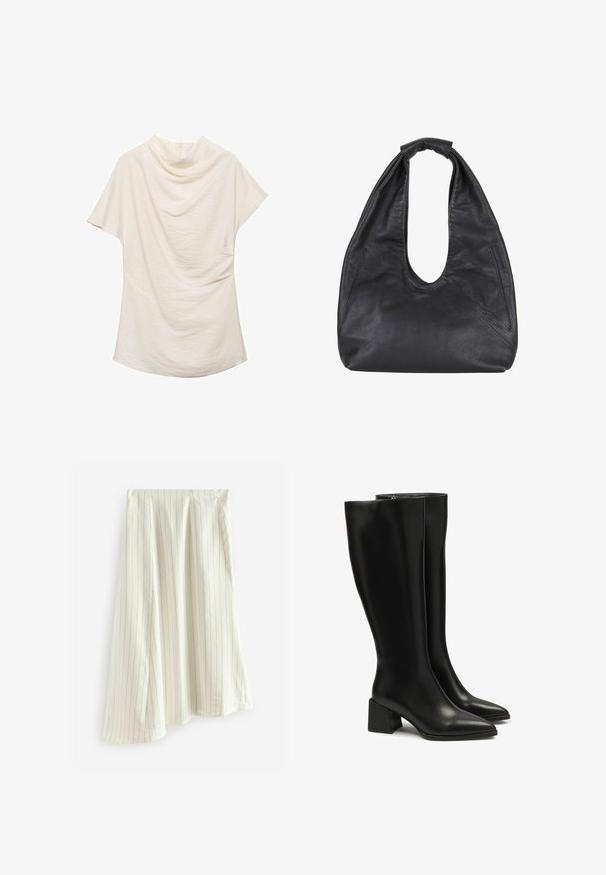 Black wool coat with a notched collar, belted waist, and mid-length design. Features long sleeves and a smooth texture.; Cream-colored short-sleeve top with a draped neckline, featuring textured fabric and a loose fit, ideal for casual or layered outfits.; White pinstriped skirt made from lightweight fabric, featuring vertical lines in a contrasting color, with a flowing A-line design.; Black knee-high leather boots with a pointed toe and chunky block heel. Smooth texture, minimal stitching, and a simple zip closure detail.; Black leather hobo bag with a slouchy shape, large cut-out opening, and two side pockets. Soft texture and knotted strap detail.