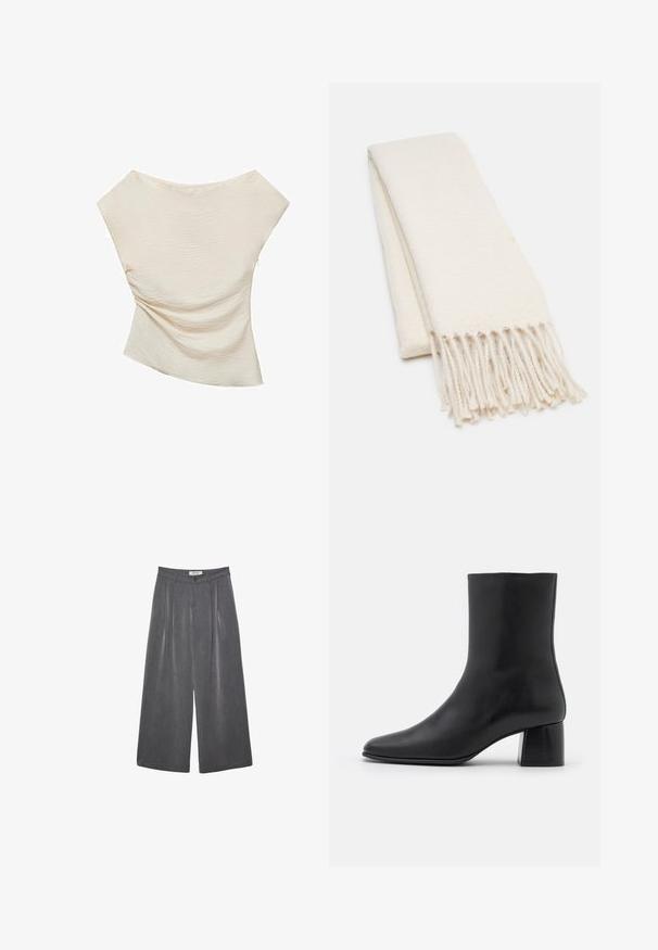 Black wool coat with a notched collar, belted waist, and mid-length design. Features long sleeves and a smooth texture.; Cream-colored top with a textured, ribbed surface, featuring an asymmetric design and wide, draped shoulders.; Pleated wide-leg trousers in a dark gray fabric with a subtle texture. Features a button closure and a classic waistband design.; Black leather ankle boot with a pointed toe and a chunky square heel. Smooth texture with a seamless design and minimalistic stitching.; White scarf with a textured pattern, featuring fringed ends. Material appears soft and lightweight, folded neatly for display.; Black tote bag made of textured material, featuring two long handles and a simple, minimalistic design with no visible hardware.