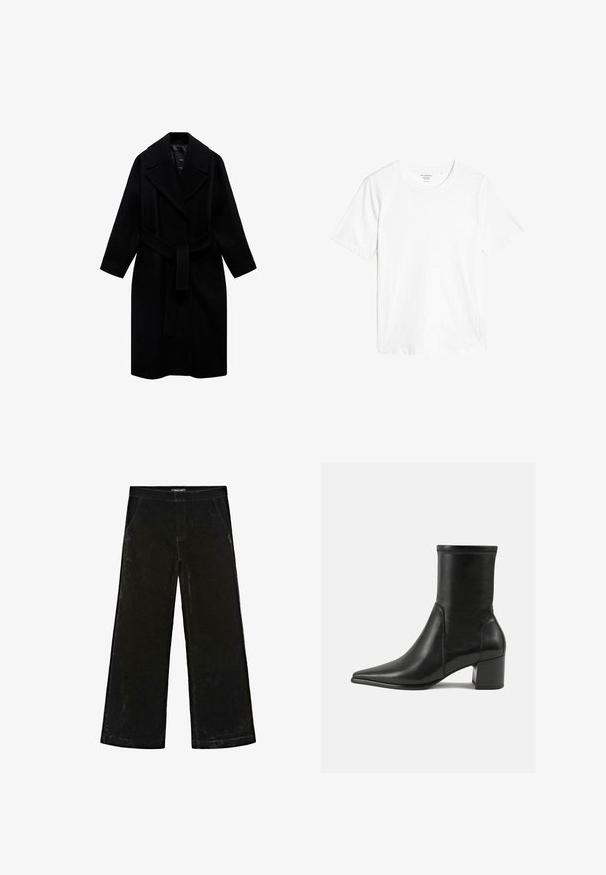 Schwarzer Wollmantel mit Reverskragen, tailliertem Schnitt und mittellanger Passform. Verfügt über lange Ärmel und eine glatte Textur.; Weißes T-Shirt mit kurzen Ärmeln aus Baumwolle. Hat einen runden Halsausschnitt und eine normale Passform ohne sichtbare Muster oder Verzierungen.; Schwarze weit geschnittene Hosen aus weichem Samtstoff, mit einer mittelhohen Taille, zwei Seitentaschen und dezenten Nähten.; Schwarze Knöchelstiefel aus glattem Leder, mit spitzem Zehenbereich, einem Blockabsatz und markanten, raised stitching am oberen Rand.
