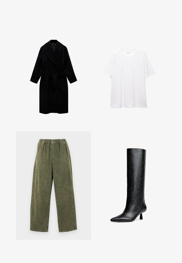 Černý vlněný kabát s klopovým límcem, páskem v pase a střední délkou. Má dlouhé rukávy a hladký povrch.; Bílá jednobarevná bavlněná trička s kulatým výstřihem, krátkým rukávem a uvolněným střihem. Hladká textura bez vzorů nebo akcentů.; American Vintage UZATOWN - Džíny Relaxed Fit - olive; Černá kozačka po kolena vyrobená z texturované kůže. Má špičatou špičku a malý, rozšířený podpatek. Elegantní, hladký design s minimálními akcenty.