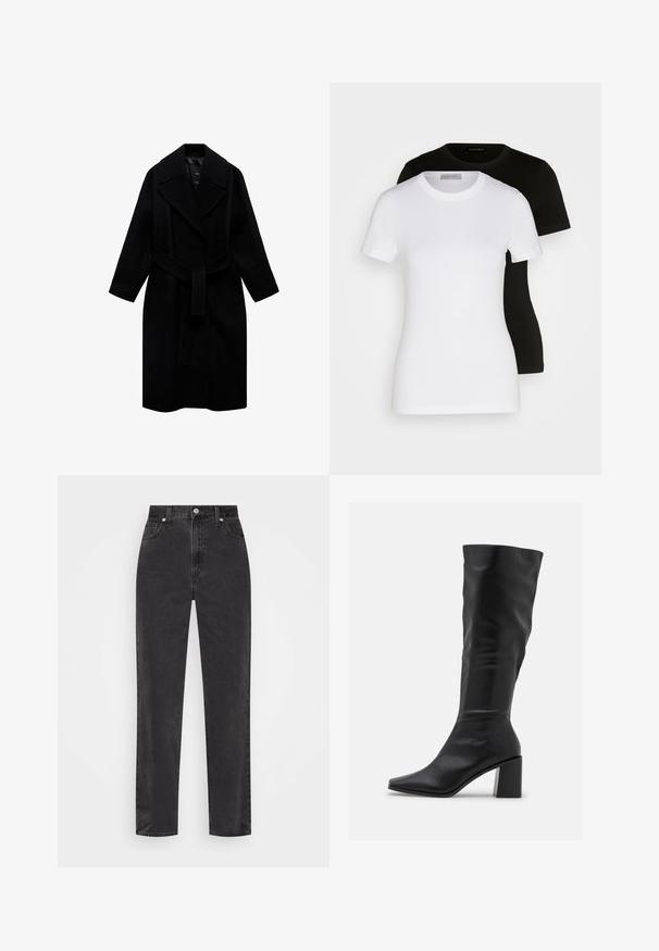 Cappotto di lana nero con colletto a punte, vita con cintura e design di lunghezza media. Presenta maniche lunghe e una texture liscia.; Due magliette a maniche corte in bianco e nero. Realizzate in cotone morbido, presentano un classico scollo rotondo e una vestibilità regolare.; Jeans in denim nero a gamba dritta con vita alta, bottone e cerniera frontali, e cinque tasche su uno sfondo bianco.; RAID BLICK - Stivali alti - black