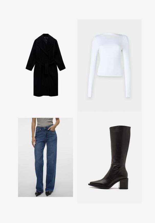 Musta villakangastakki, jossa on lovellinen kaulus, vyötärölle sidottava vyö ja keskipitkä malli. Varustettu pitkillä hihoilla ja sileällä pinnalla.; Valkoinen pitkähihaisuus paita, jossa on neliömäinen kaula-aukko ja leikattu yksityiskohta selässä. Valmistettu sileästä ja joustavasta kankaasta. Tiukka malli.; Vaaleansiniset korkeavyötäröiset suorat farkut, denim-materiaalia, joissa on etutaskut, nappi- ja vetoketjusuljenta sekä hillitty haalistuminen.; Zign LEATHER - Saappaat - black