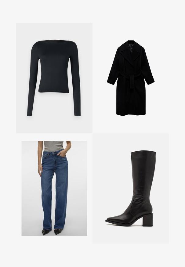 Černý vlněný kabát s klopovým límcem, páskem v pase a střední délkou. Má dlouhé rukávy a hladký povrch.; Černý top s dlouhým rukávem vyrobený z elastického materiálu; má široký lodičkový výstřih a přiléhavý střih, který se zužuje v pase.; Světle modré džíny s vysokým pasem a rovnými nohavicemi, denimový materiál, s předními kapsami, zapínáním na knoflík a zip, a mírným vyblednutím.; Zign LEATHER - Vysoká obuv - black