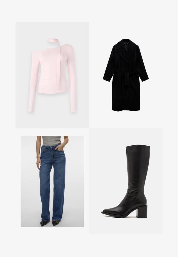 Crni vuneni kaput s ovratnikom urezanim u oblik, s pojasom u struku i srednjom dužinom. Ima duge rukave i glatku teksturu.; Ružičasta majica dugih rukava s off-shoulder dizajnom, značajna vezanjem na vratu i prilagođenom teksturom koja naglašava siluetu.; Svijetloplave traperice visokog struka ravnog kroja, izrađene od traper materijala, s prednjim džepovima, kopčanjem na dugme i patentni zatvarač, te blagim izbljedjivanjem.; Zign LEATHER - Čizme - black