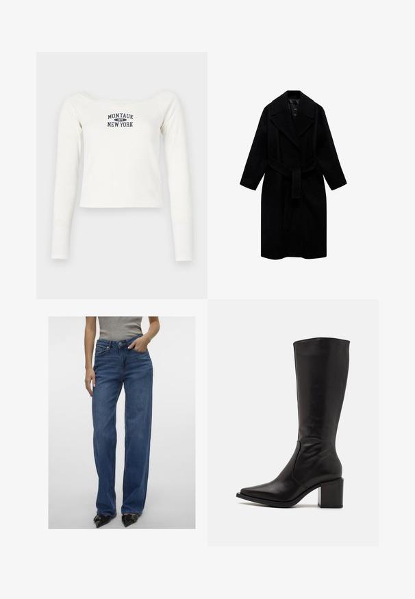 Černý vlněný kabát s klopovým límcem, páskem v pase a střední délkou. Má dlouhé rukávy a hladký povrch.; Bílý dlouhý rukáv crop top vyrobený z měkké tkaniny, s širokým výstřihem a námořnickým potiskem "Montauk 1975 New York" na přední straně.; Světle modré džíny s vysokým pasem a rovnými nohavicemi, denimový materiál, s předními kapsami, zapínáním na knoflík a zip, a mírným vyblednutím.; Zign LEATHER - Vysoká obuv - black