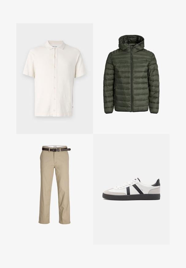 Padded jacket in olive green, featuring a hood, full zip closure, and horizontal quilted texture. Two side pockets. Black hem and cuffs.; Grey long-sleeve crewneck sweatshirt with "SURPLUS DNM" text printed in black on the chest and a small white label near the hem.; Short-sleeve polo shirt in off-white, featuring a textured fabric, button closure, and typical collar design. Simple and versatile style.; Beige cotton trousers with a straight cut, featuring belt loops, a brown leather belt, and a classic design. Smooth, sturdy texture.; White sneaker with black and gray accents, featuring a textured gray toe cap, black rubber sole, and flat white laces. Clean design, minimalist style.