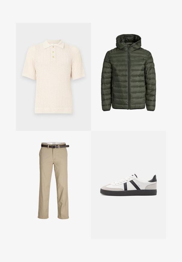 Žalia alyvuogių spalvos pūkinė striukė su kapišonu, pilnu užtrauktuku ir horizontaliu siuvinėtu raštu. Du šoniniai kišeniai. Juodas apvadas ir rankogaliai.; Pilkas ilgomis rankovėmis kreminis megztinis su juoda „SURPLUS DNM“ užrašu ant krūtinės ir maža balta etikete arti apačios.; Šviesiai grietinėlės spalvos trumpomis rankovėmis polo marškiniai su tekstūruota mezgimo raštu, raukšlėtu apykakle ir keturių mygtukų sagčių juostele.; Šviesiai rudos medvilnės kelnės su tiesia kirpimo, su diržo kilpomis, rudu odiniu diržu ir klasikiniu dizainu. Lygus, tvirtas audinys.; Balti sportbačiai su juodais ir pilkais akcentais, pasižymintys tekstūruotu pilku pirštų dangteliu, juoda gumine padais ir plokščiomis baltomis raišteliais. Švarus dizainas, minimalistinis stilius.